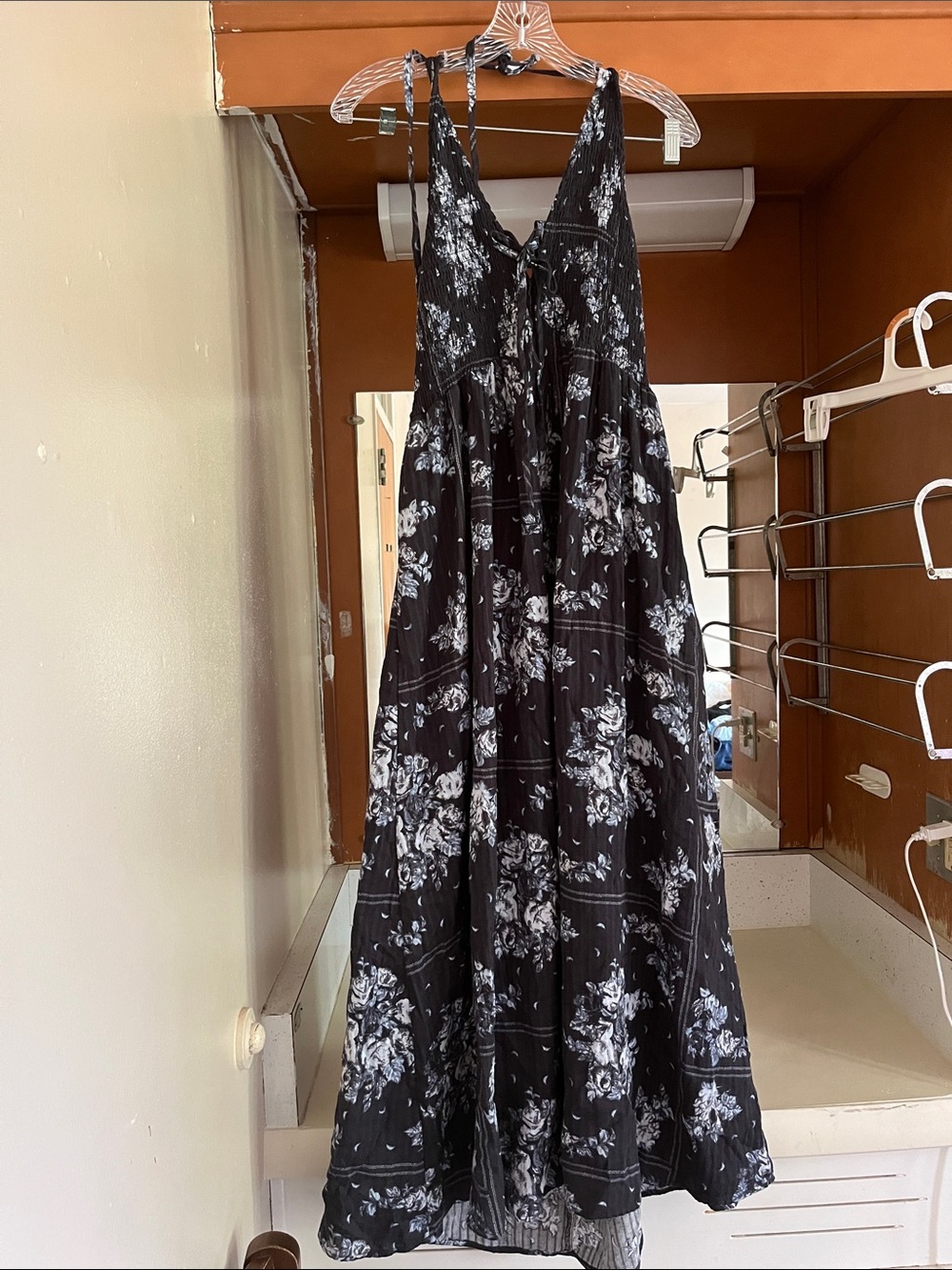 Smoky Blue Floral V-Neck Neck Tie Maxi Dress